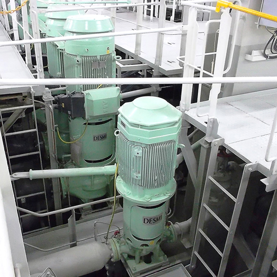 DESMI industrial pumps for fluid handling in a machinery space with railings.