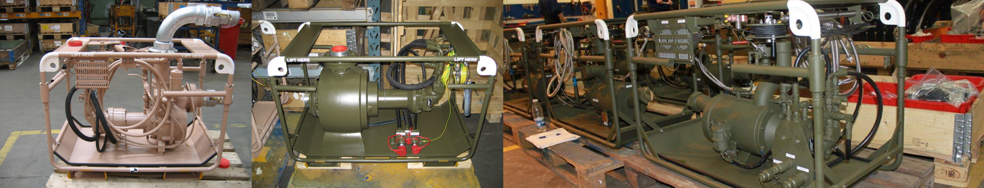 Industrial pumps in metal frames on pallets, designed for fluid handling.