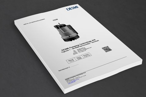 DESMI product manual featuring pump image and contact information on the cover.