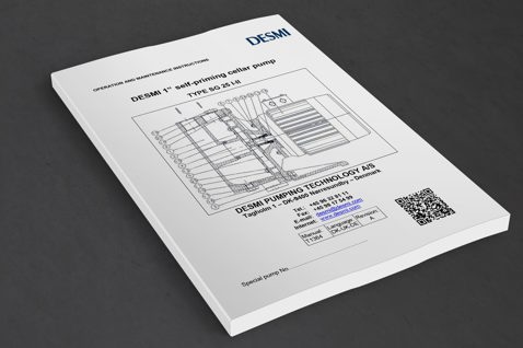 DESMI self-priming cellar pump manual, Type SG 25 I-HI, technical diagram included.
