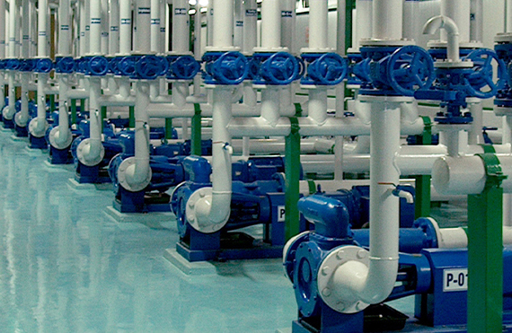 Row of industrial pumps with blue valves and white pipes for fluid handling.