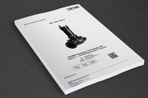 DESMI Pumping Technology A/S brochure featuring industrial pump, contact details included.