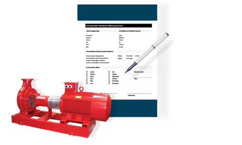 Red DESMI centrifugal pump beside a form and pen, for fluid handling services.