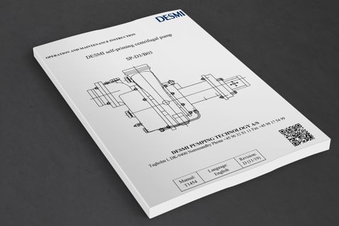 DESMI self-priming centrifugal pump manual with technical drawing on cover.