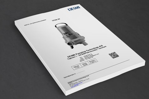 DESMI TP28-30 pump manual cover, featuring contact information and QR code.