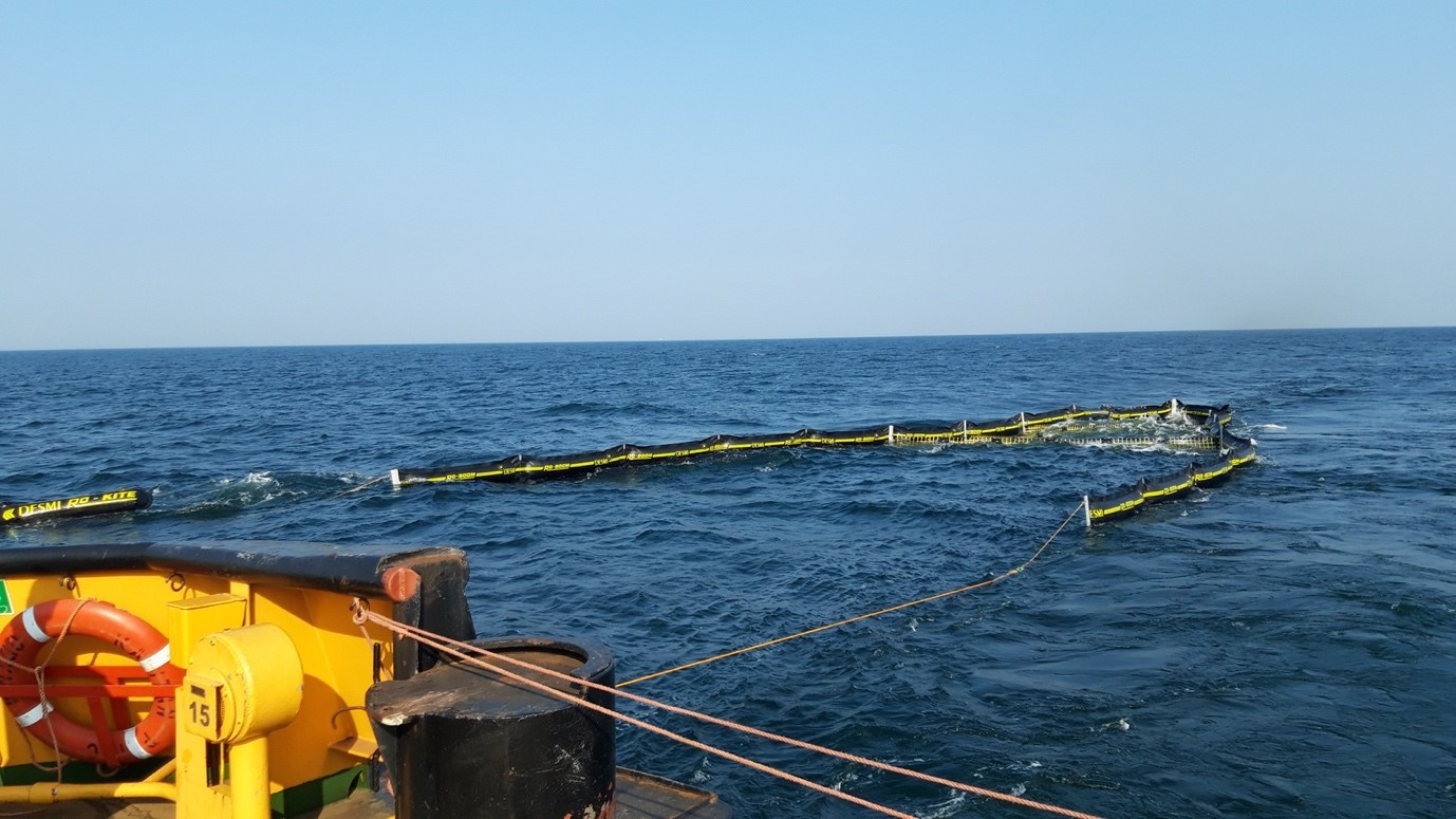 DESMI RO-KITE系统部署在海洋中用于油污遏制。