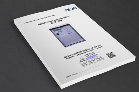 DESMI DLC 100 pump control manual cover with contact information and QR code.