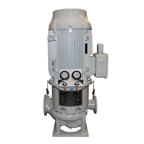 Vertical centrifugal pump with gauges for industrial fluid handling applications.