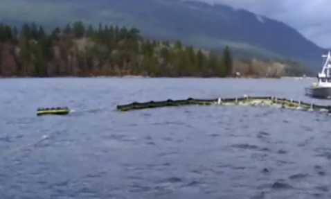 Boat navigating near floating barrier on a lake with forested shoreline.