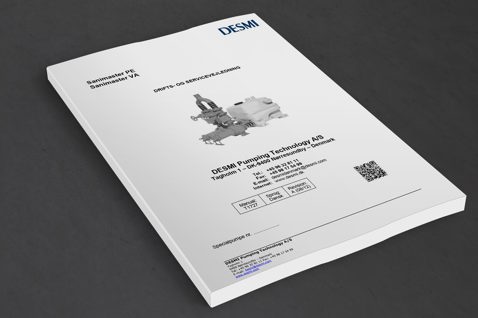 DESMI manual cover for Sanimaster PE/VA pumps, featuring contact information and QR code.