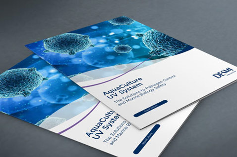 Brochures titled "Aquaculture UV System" with DESMI logo on a gray surface.