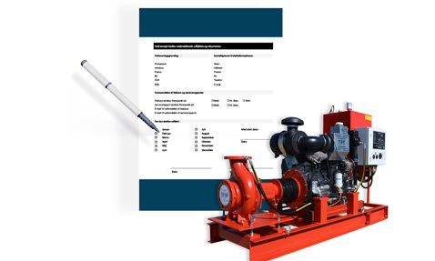 DESMI pump system with a document and pen for service scheduling.
