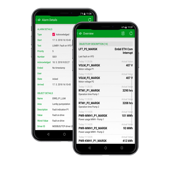 Two smartphones displaying alarm details and overview of pump operation data.
