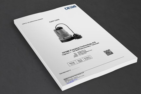 DESMI manual cover featuring pump image and company contact information.