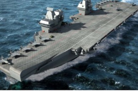 Aircraft carrier with jets on deck, sailing through the ocean.