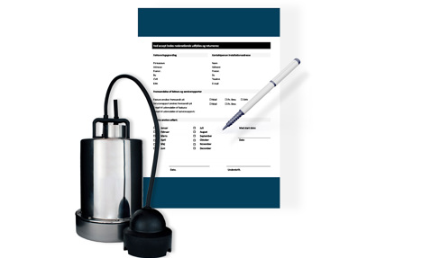 Submersible pump beside a form and pen, indicating installation documentation.