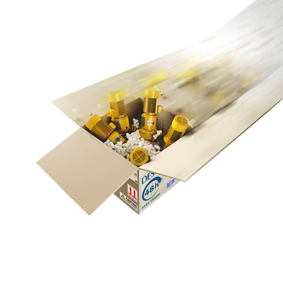 Cardboard box with DESMI pumps and packing materials for fluid handling.