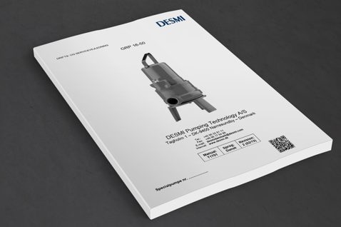 DESMI GRP 16-50 pump manual, featuring contact details and a product image.