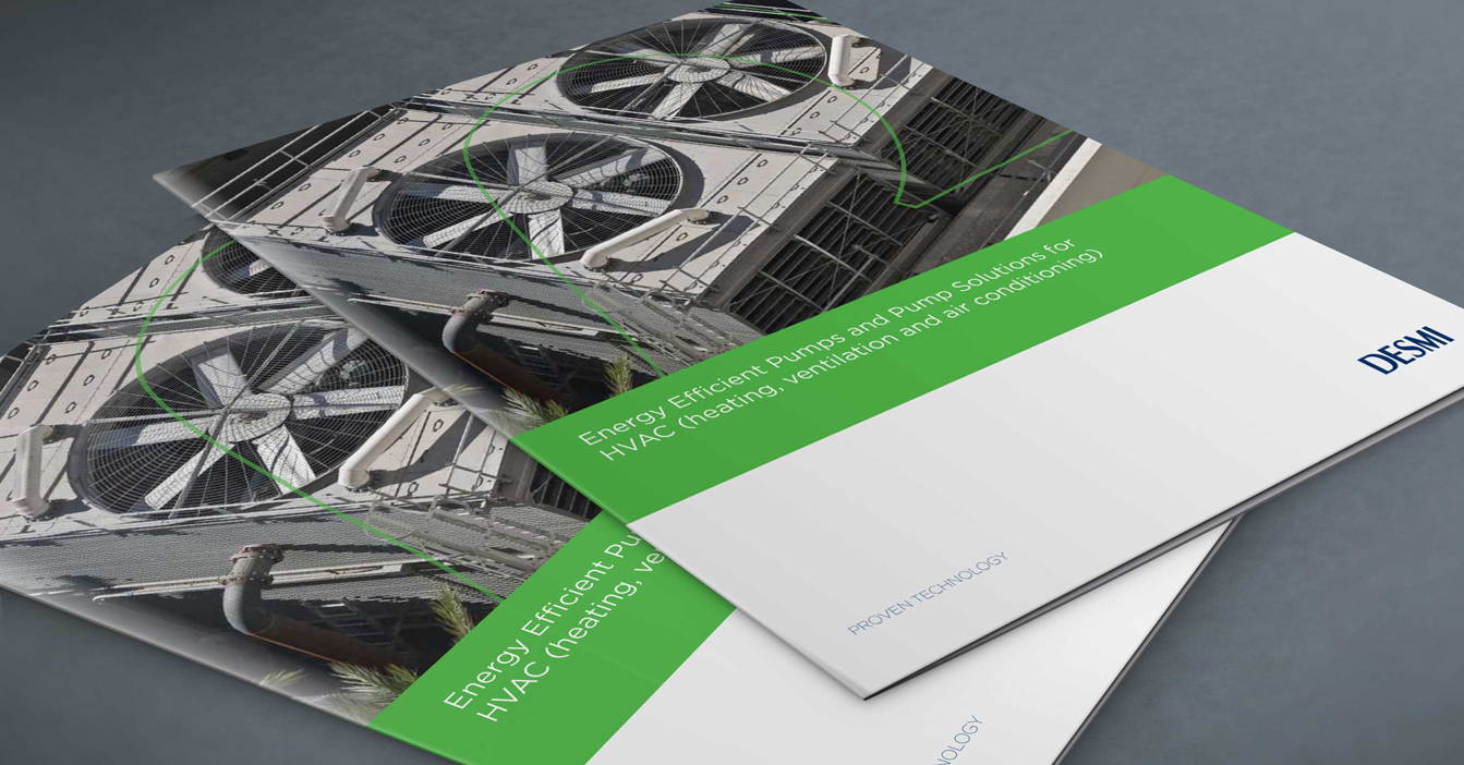 DESMI brochure on energy-efficient pumps for HVAC solutions, featuring cooling units.