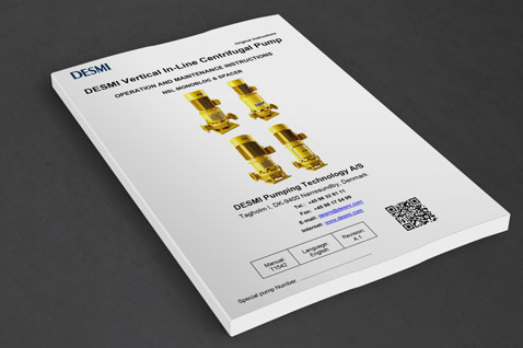 Manual for DESMI Vertical In-Line Centrifugal Pump with images and contact information.