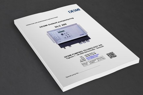 DESMI DLC 200 manual for pump control, featuring contact details and QR code.