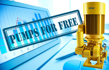 DESMI pump next to a bar graph with "PUMPS FOR FREE" text overlay.