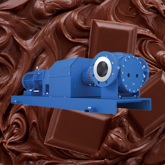 Blue industrial pump on a background of chocolate bars and swirls.