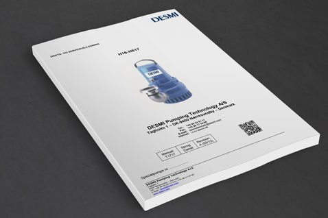 DESMI pump manual cover featuring a blue pump and contact information.