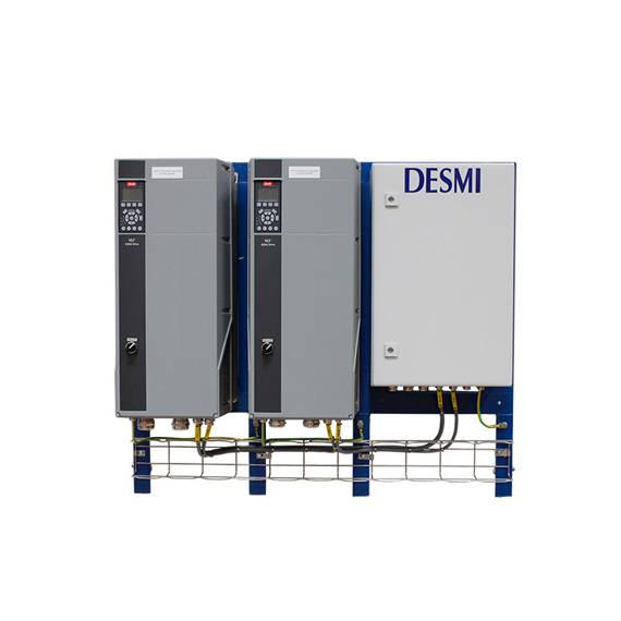 DESMI control panel and equipment for fluid handling, featuring multiple units.