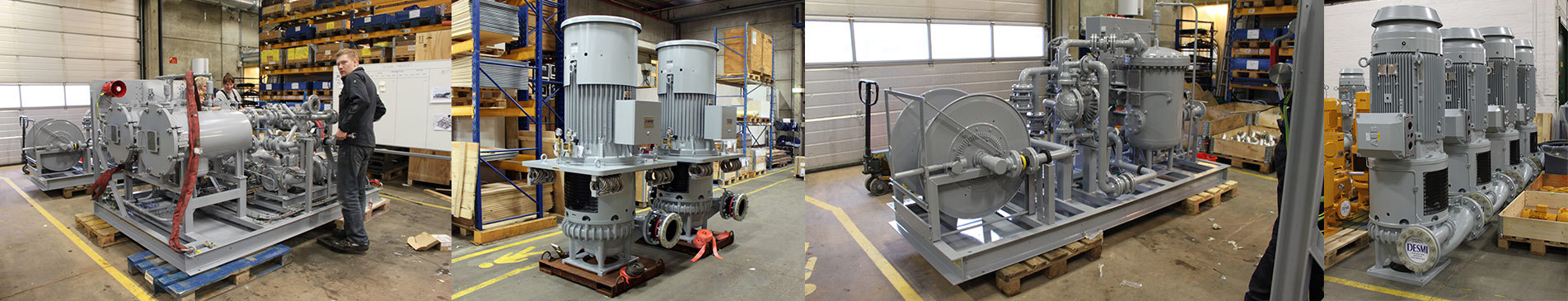 Industrial pumps and machinery in a warehouse, including DESMI equipment for fluid handling.
