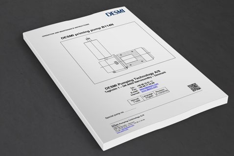 DESMI Priming Pump B114N manual cover with technical diagram and contact information.
