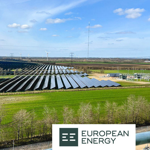 Solar panels and wind turbines in a green landscape, European Energy logo visible.