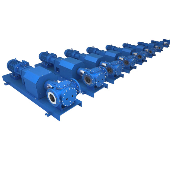 Row of blue DESMI ROTAN pumps for fluid handling applications.