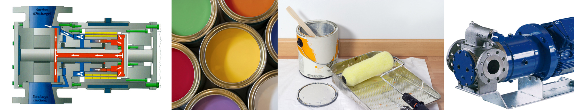 Industrial pump diagram, colorful paint cans, painting supplies, and a DESMI ROTAN pump.