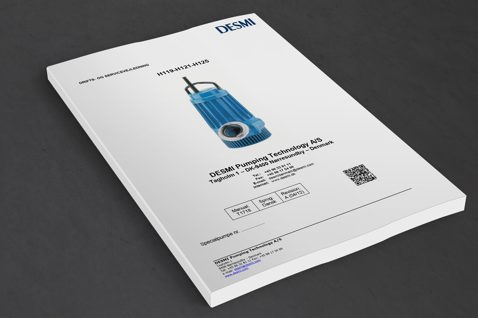DESMI pump manual cover featuring blue pump image and contact information.