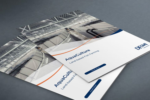 DESMI brochures on aquaculture and land-based fish farming, featuring industrial facilities.