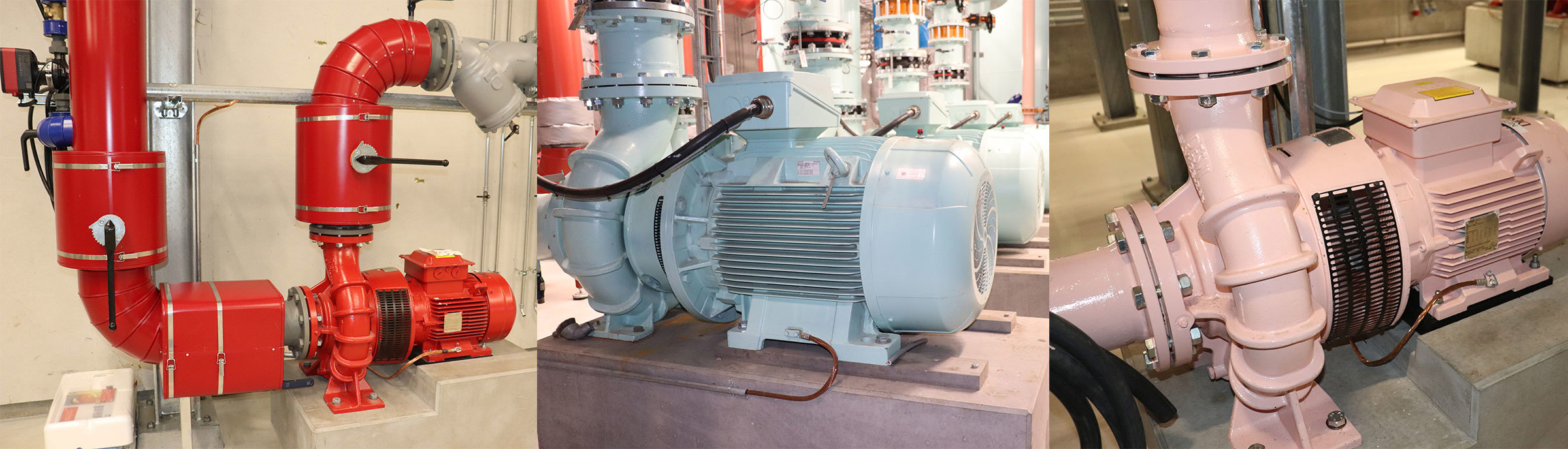Red and blue industrial pumps, including DESMI, in a facility setting.