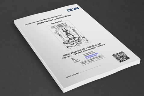 DESMI in-line centrifugal pump manual with technical illustration and contact details.