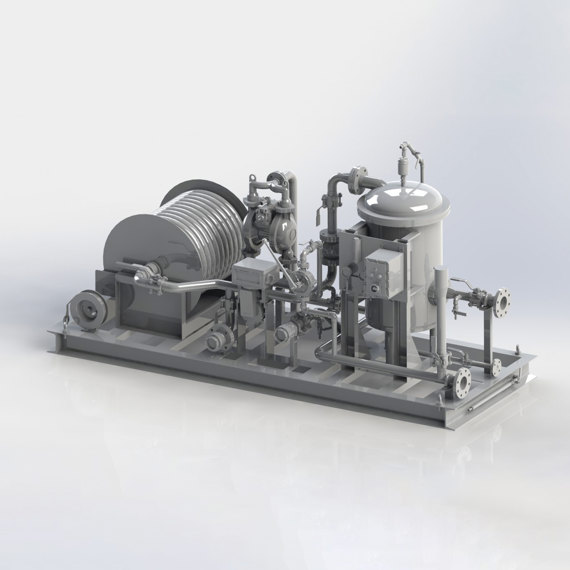 Industrial equipment setup featuring pipes, valves, and a cylindrical component on a platform.