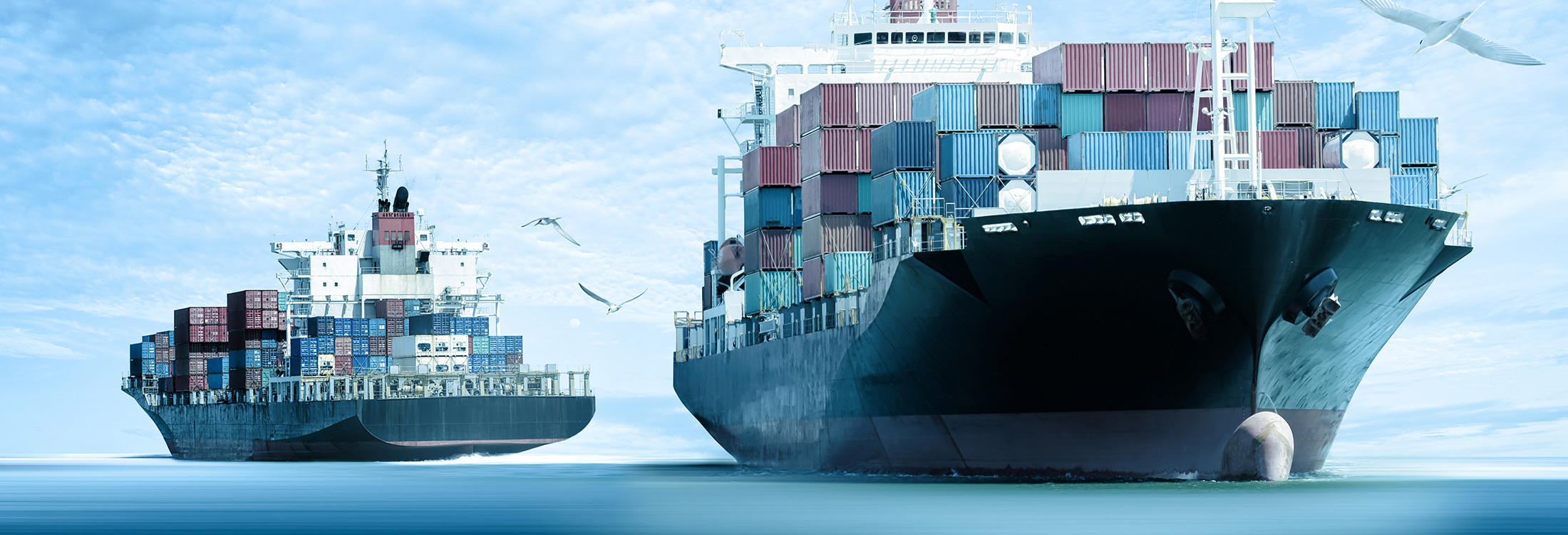 Two large cargo ships with stacked containers on a calm sea.