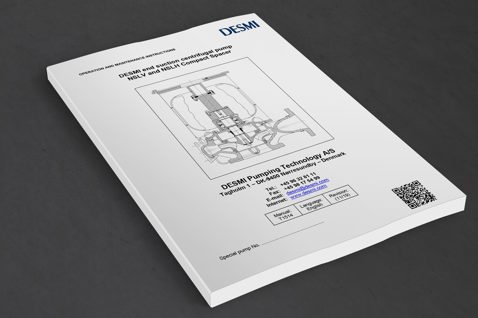 DESMI manual for NSLV and NSLH centrifugal pumps with diagram and contact information.