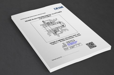 DESMI manual cover for electromagnetic clutches used in SA-pumps, includes technical drawing.