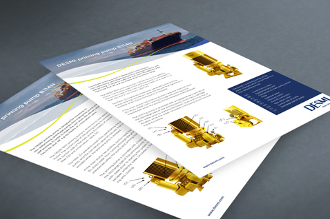 DESMI printed brochures showcasing pumps for fluid handling and maritime applications.