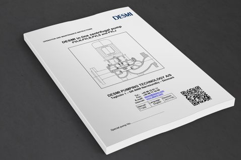 DESMI in-line centrifugal pump manual with technical drawing and contact details.
