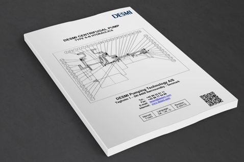 DESMI centrifugal pump manual with technical diagram and contact information on cover.