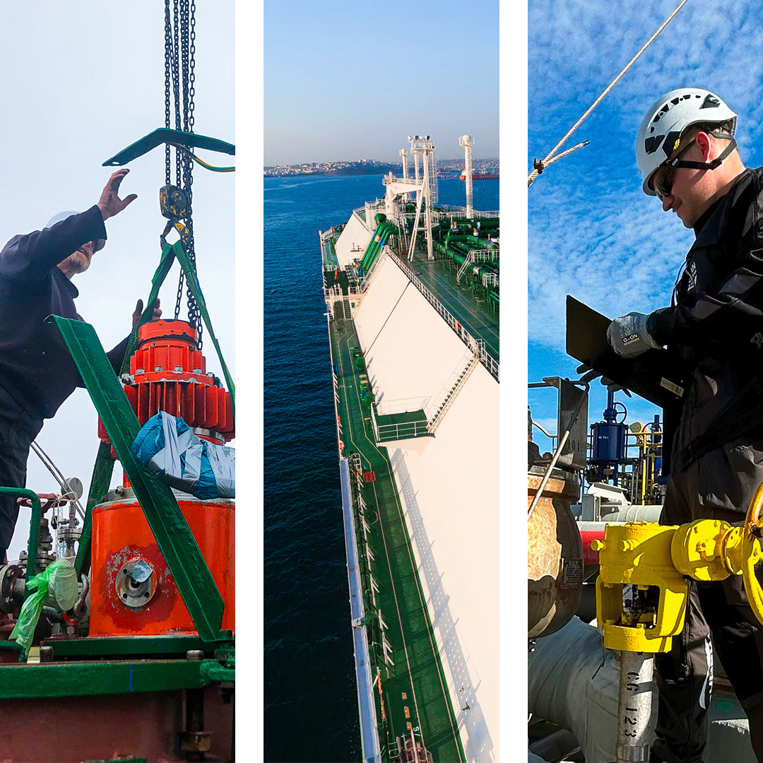 Workers handling equipment and operations on a large industrial ship at sea.