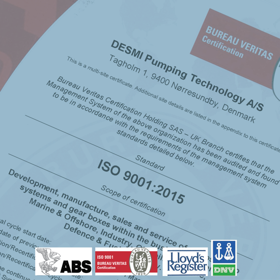 DESMI Pumping Technology ISO 9001:2015 certification from Bureau Veritas, Denmark location.