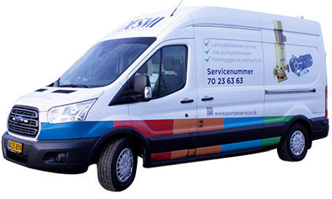 Service van with DESMI branding and contact information on the side.
