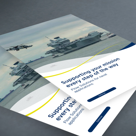 DESMI brochures featuring naval ship, with focus on flow solutions for marine applications.